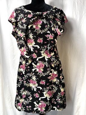 Cutie NWT Floral Ribbed Corduroy Bow Dress Black Pink Cottagecore Whimsygoth 14
